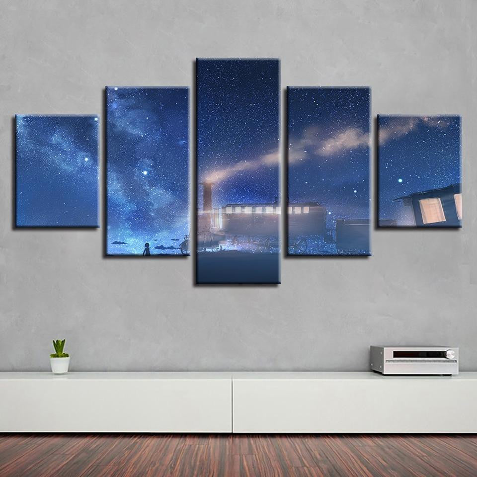 Train And Beautiful Starry Sky Night � Nature 5 Panel Canvas Art Wall Decor Luxury Multi Canvas Prints, Multi Piece Panel Canvas Gallery Art Print
