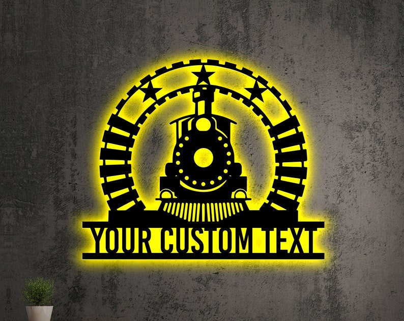 Railspirit Personalized Locomotive Train Destination Metal Wall Art With Led/Without Led Lights, Custom Train Sign For Kids