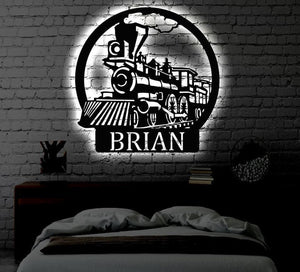 Railspirit Personalized Led Train Name Metal Sign Light Up Wall Art Housewarming Gift Door Hanger Wedding Gift Metal Led Train Monogram Sign
