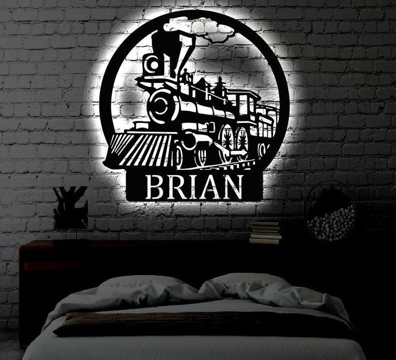Railspirit Personalized Led Train Name Metal Sign Light Up Wall Art Housewarming Gift Door Hanger Wedding Gift Metal Led Train Monogram Sign