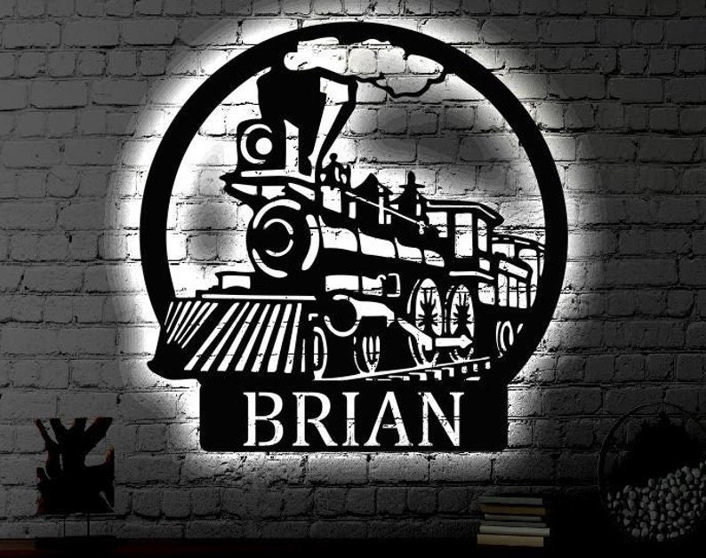 Railspirit Personalized Led Train Name Metal Sign Light Up Wall Art Housewarming Gift Door Hanger Wedding Gift Metal Led Train Monogram Sign