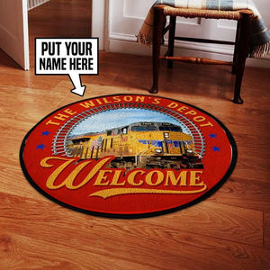 Railspirit Personalize Union Pacific Train Depot Welcome Living Room Round Mat Circle Rug