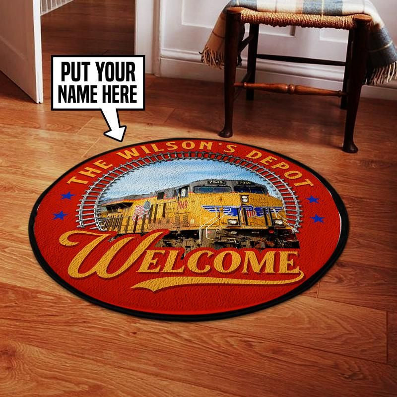 Railspirit Personalize Union Pacific Train Depot Welcome Living Room Round Mat Circle Rug
