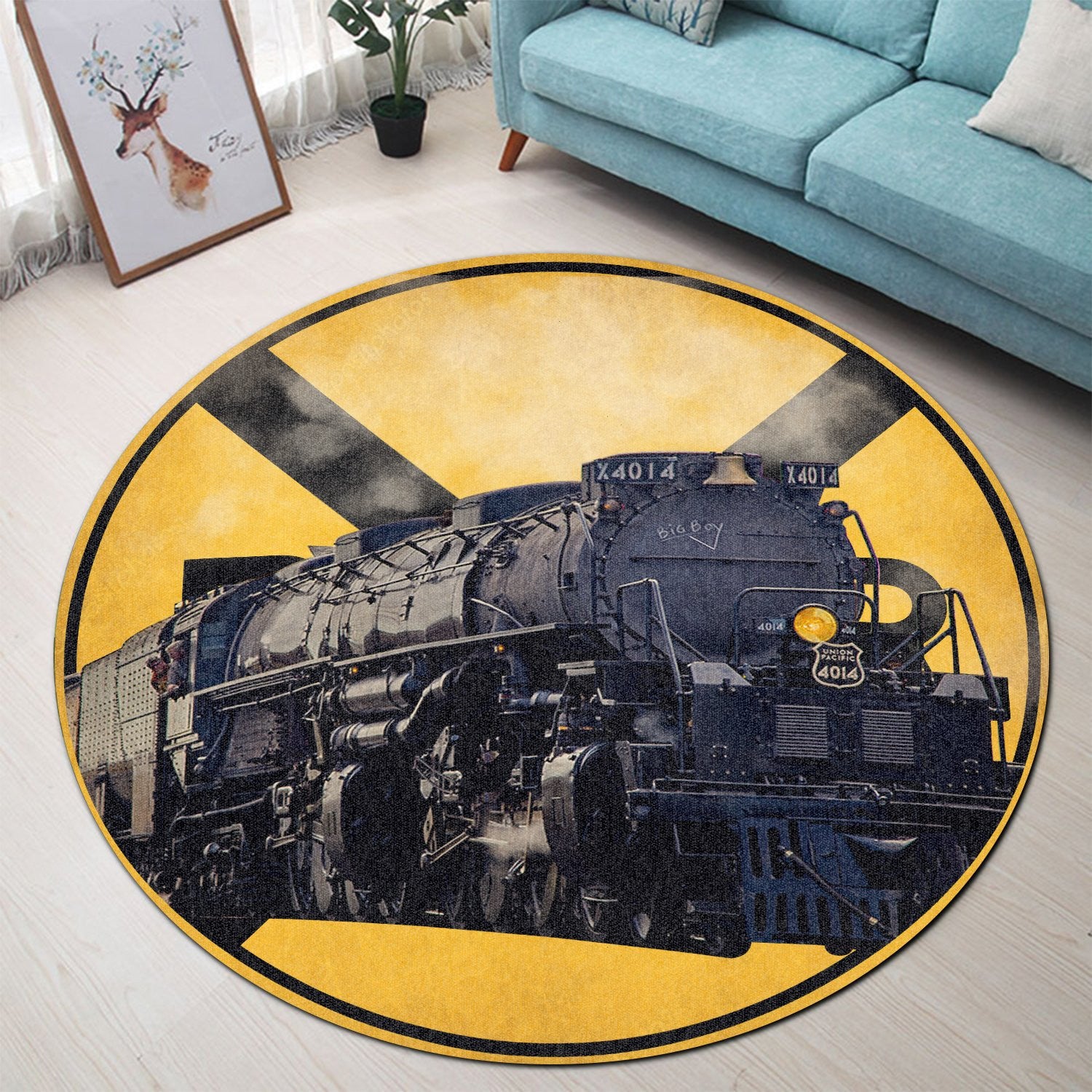 Railspirit Big Boy Railroad Crossing Round Mat Round Floor Mat Room Rugs Carpet Outdoor Rug Washable Rugs