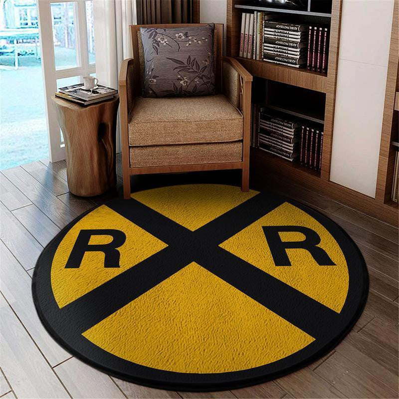 Railspirit Railway Living Room Round Mat Railroad Sign Circle Rug