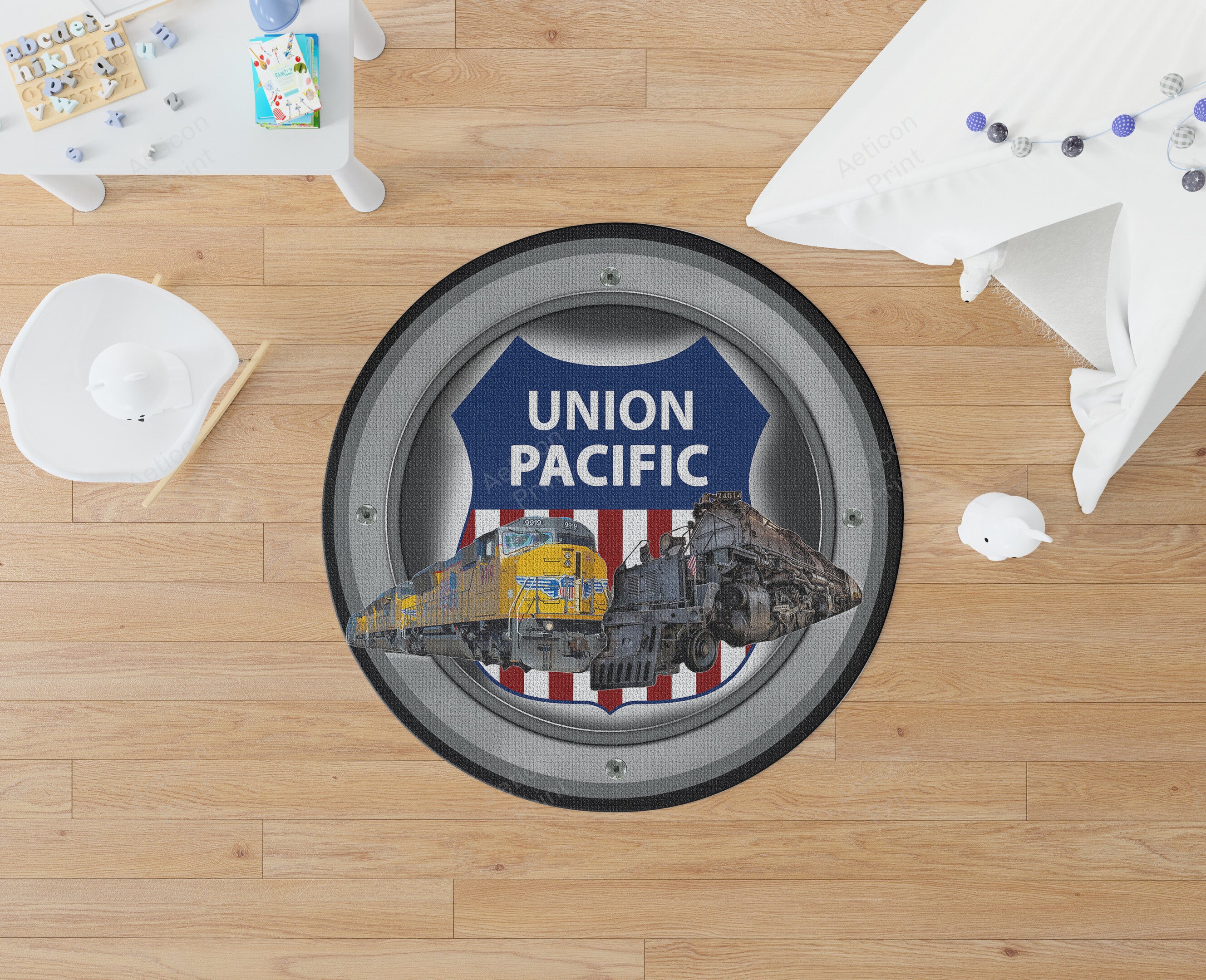 Railspirit Union Pacific Railroad Round Rug Round Floor Mat Room Rugs Carpet Outdoor Rug Washable Rugs