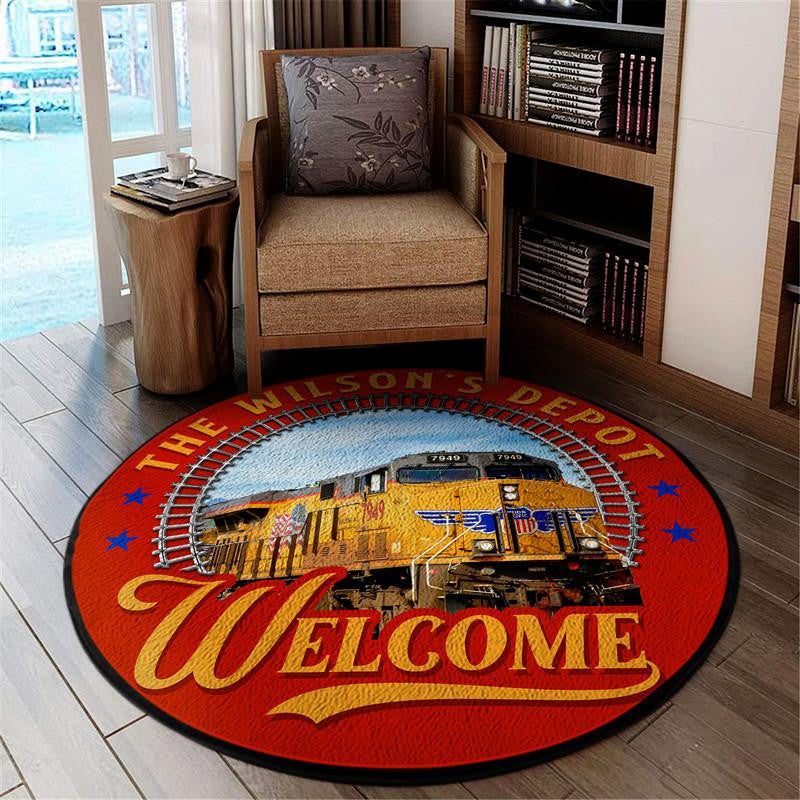Railspirit Personalize Union Pacific Train Depot Welcome Living Room Round Mat Circle Rug