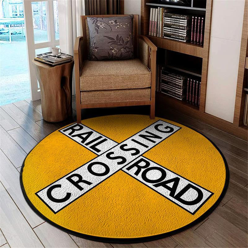 Railspirit Railway Living Room Round Mat Railroad Crossing Circle Rug