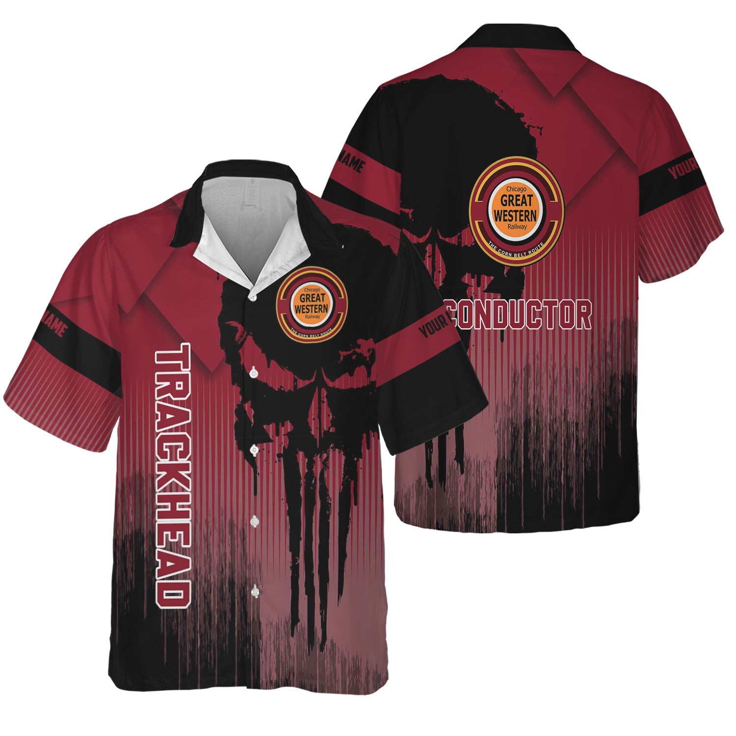 Railspirit Personalized Chicago Great Western Railroad Hawaiian Shirt Skull Design with Custom Job Train Shirt for Trackhead Crew