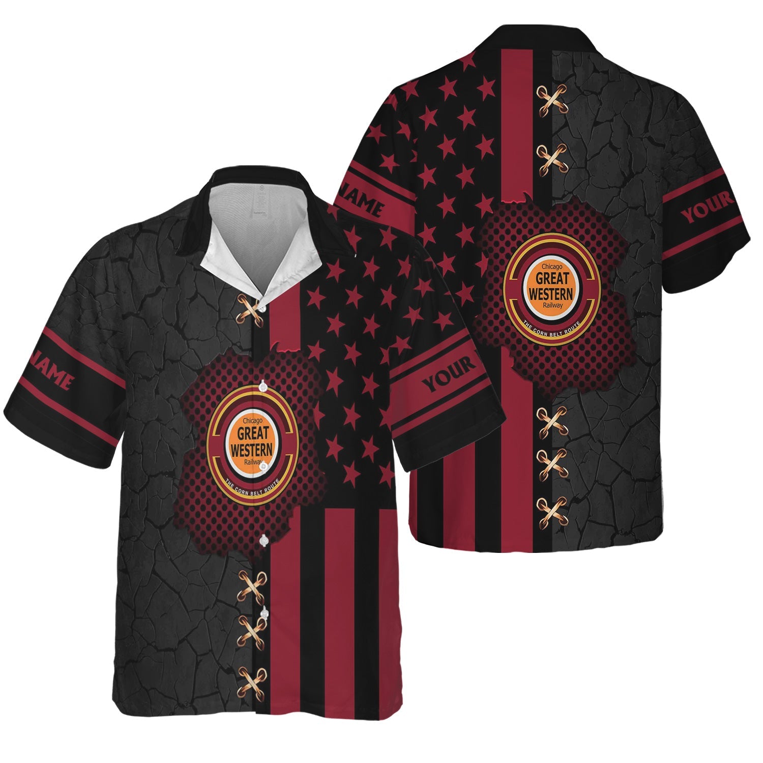 Railspirit Personalized Chicago Great Western Railroad Hawaiian Shirt American Flag with Crack Effect Train Shirt