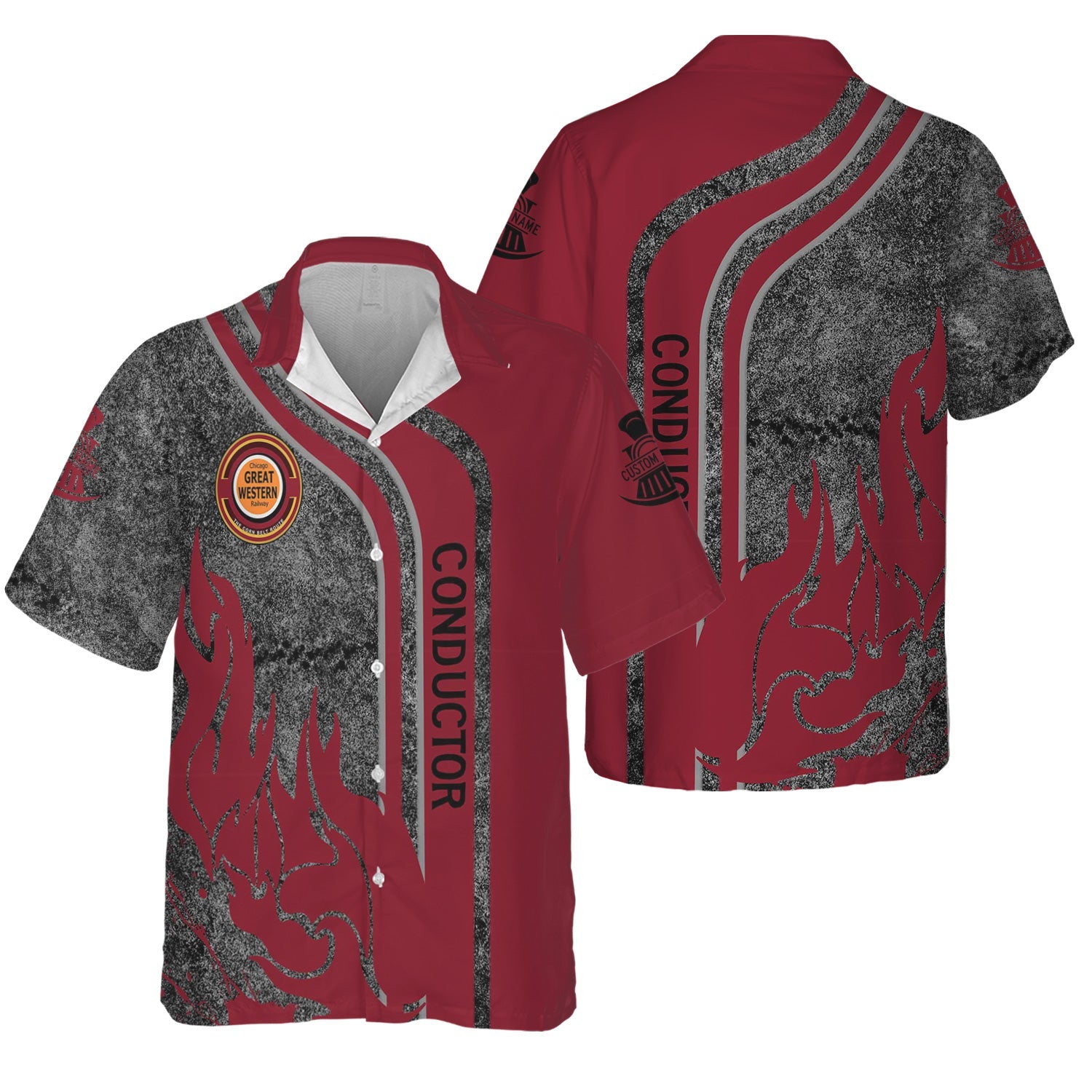 Railspirit Personalized Chicago Great Western Railroad Hawaiian Shirt Flame Design with Custom Job Position Train Shirt