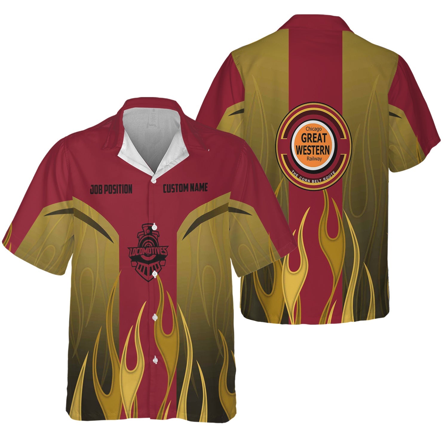 Railspirit Custom Name and Job Title Chicago Great Western Railroad Hawaiian Shirt Flame Graphic Train Shirt For Rail Workers