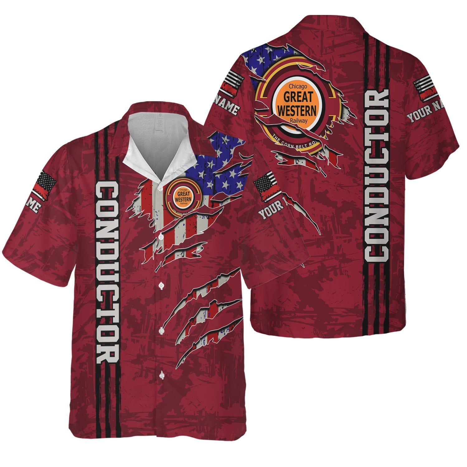 Railspirit Personalized Chicago Great Western Railroad Hawaiian Shirt USA Flag Claw Art with Custom Job Train Shirt