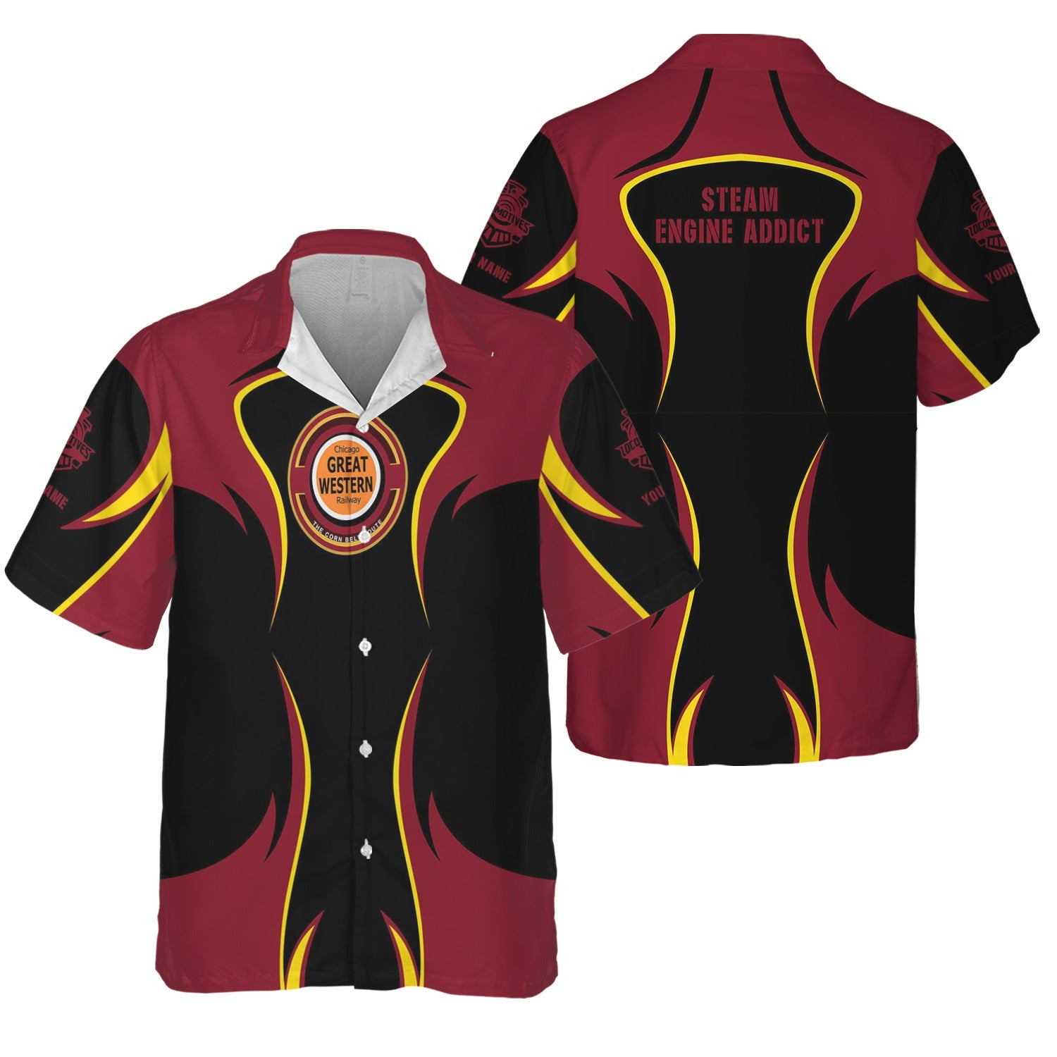 Railspirit Personalized Chicago Great Western Railroad Hawaiian Shirt Distinctive Flame Style Shirt For Steam Engine Addict