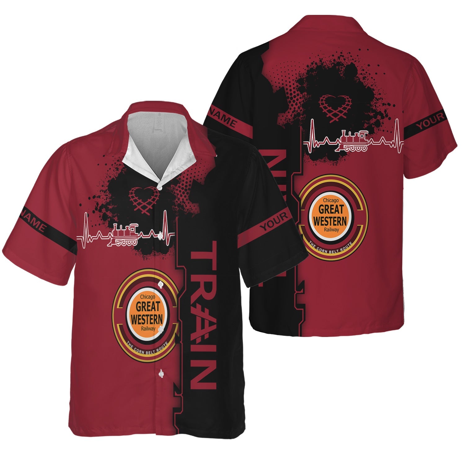 Railspirit Personalized Chicago Great Western Railroad Hawaiian Shirt Engine Heartbeat and Track Love Style Shirt Gift Idea For Train Lovers