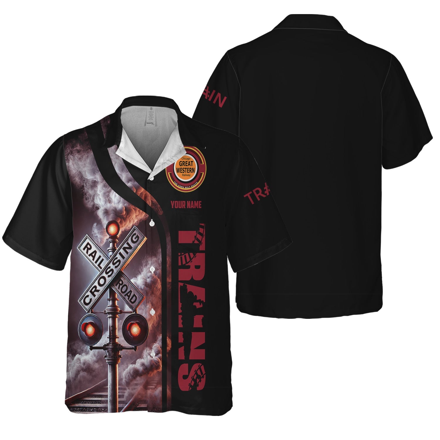 Railspirit Custom Name Chicago Great Western Railroad Hawaiian Shirt Railroad Crossing Sign Printed Train Shirt