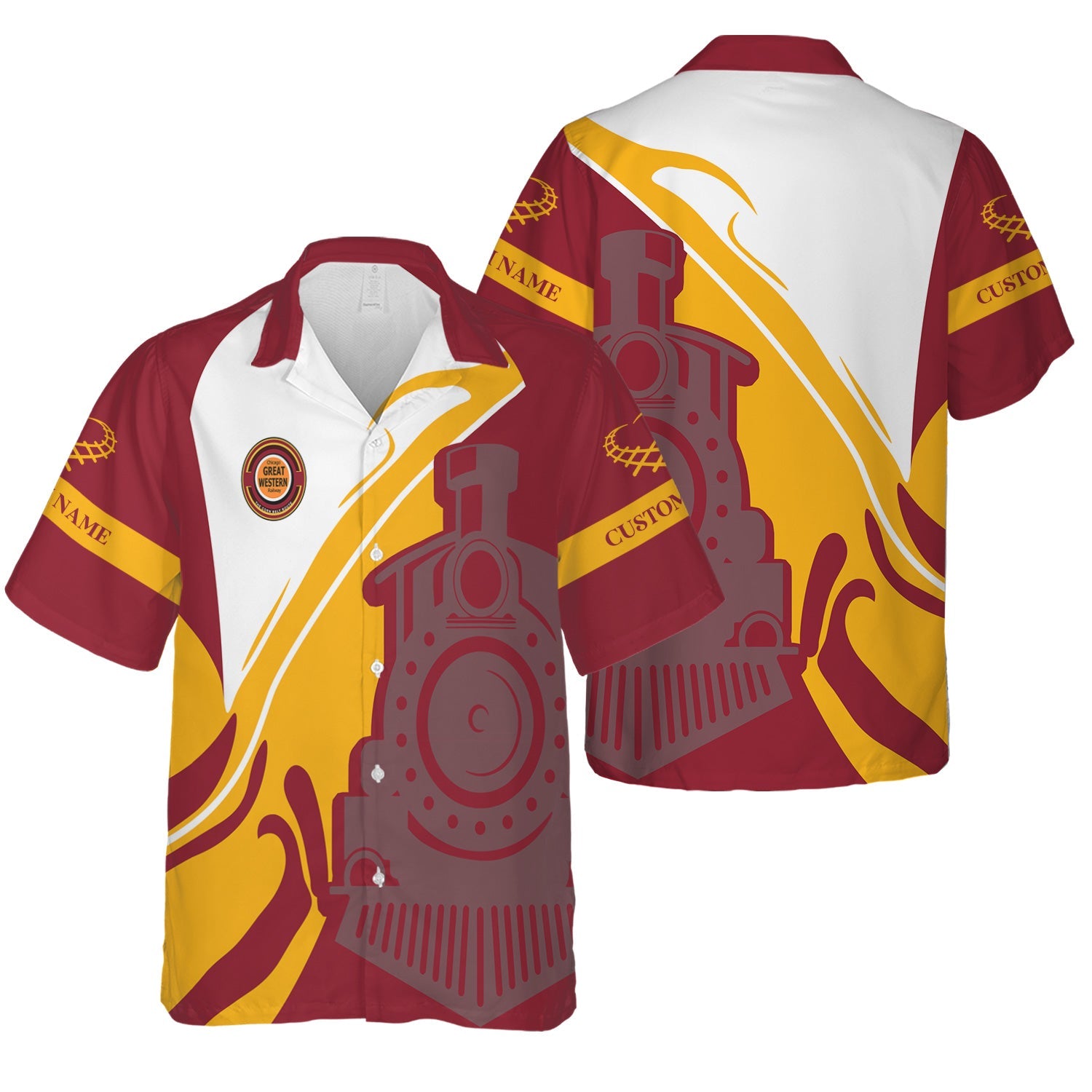 Railspirit Personalized Chicago Great Western Railroad Hawaiian Shirt Flame-Inspired Style Shirt Gift Idea For Train Lovers