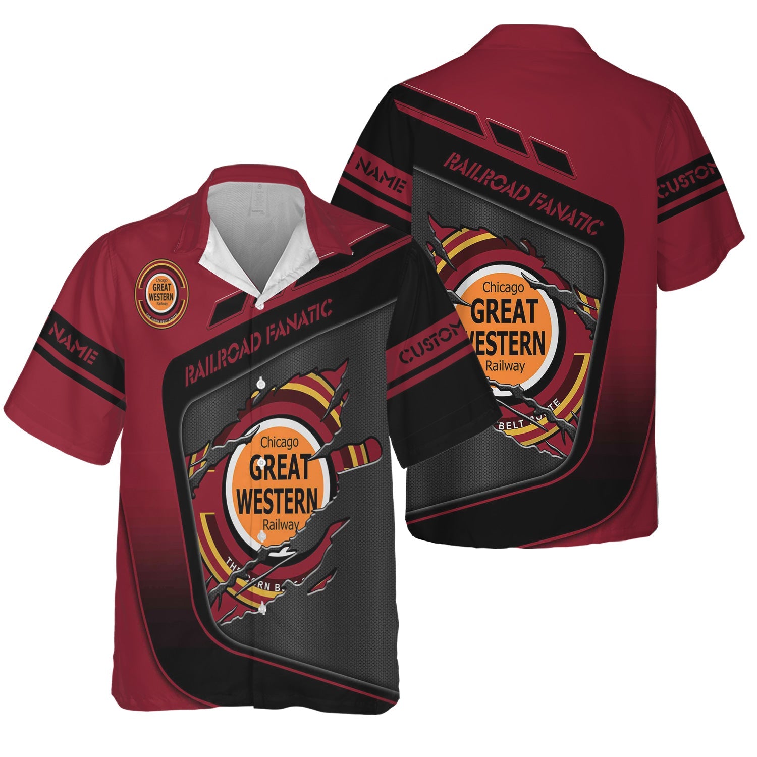 Railspirit Personalized Chicago Great Western Railroad Hawaiian Shirt Ripped Texture Style Train Shirt For Railroad Fanatic