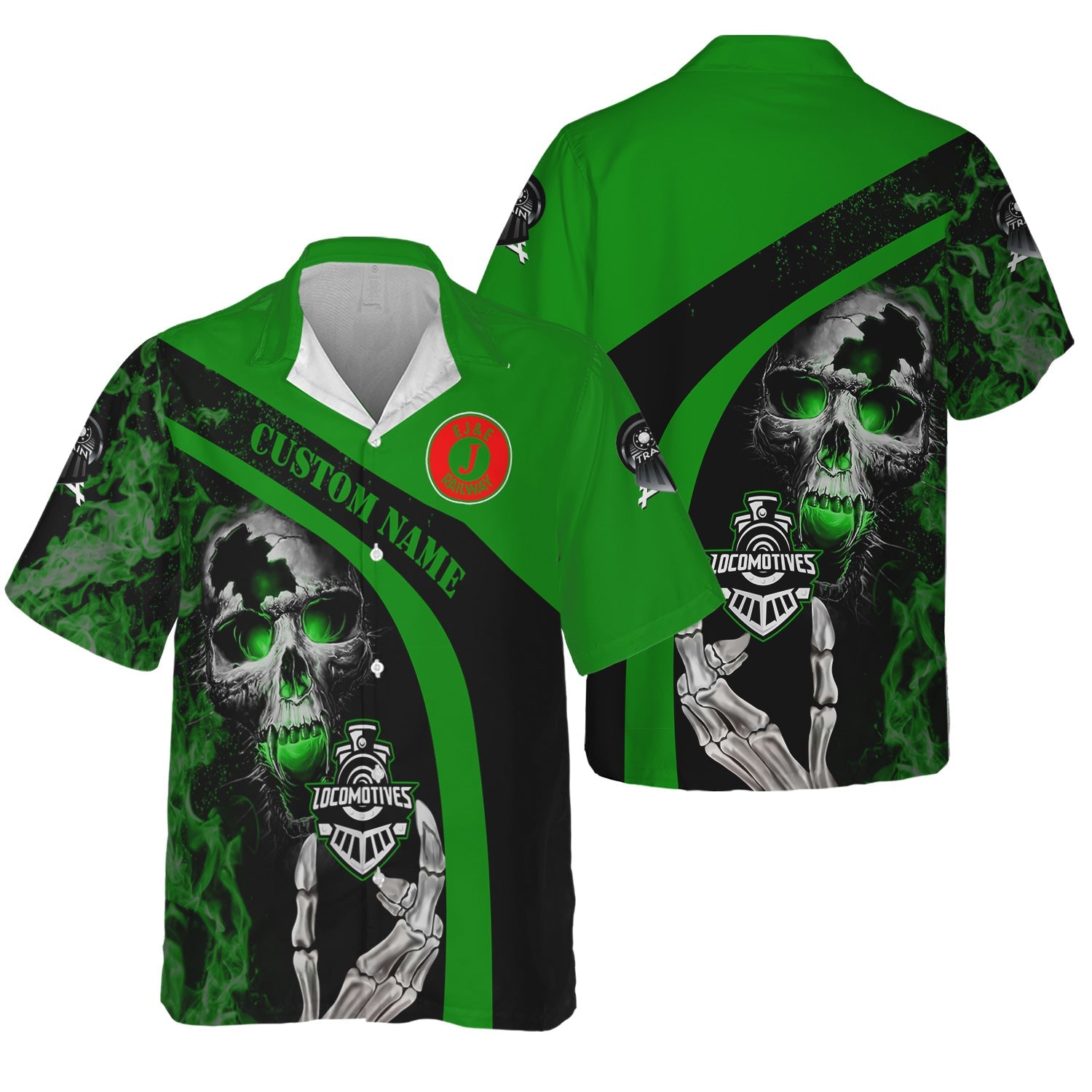 Railspirit Personalized Elgin Joliet And Eastern Railroad Hawaiian Shirt Flame Skull Design Train Shirt for Locomotive Fans