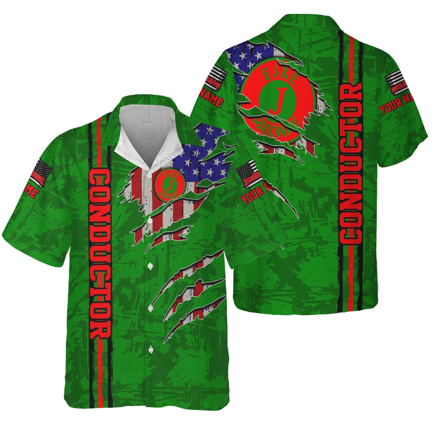 Railspirit Personalized Elgin Joliet And Eastern Railroad Hawaiian Shirt USA Flag Claw Art with Custom Job Train Shirt