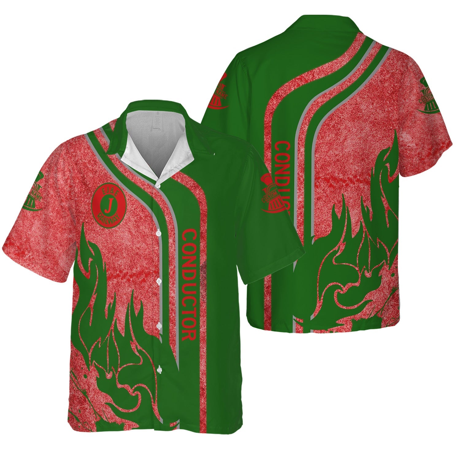 Railspirit Personalized Elgin Joliet And Eastern Railroad Hawaiian Shirt Flame Design with Custom Job Position Train Shirt