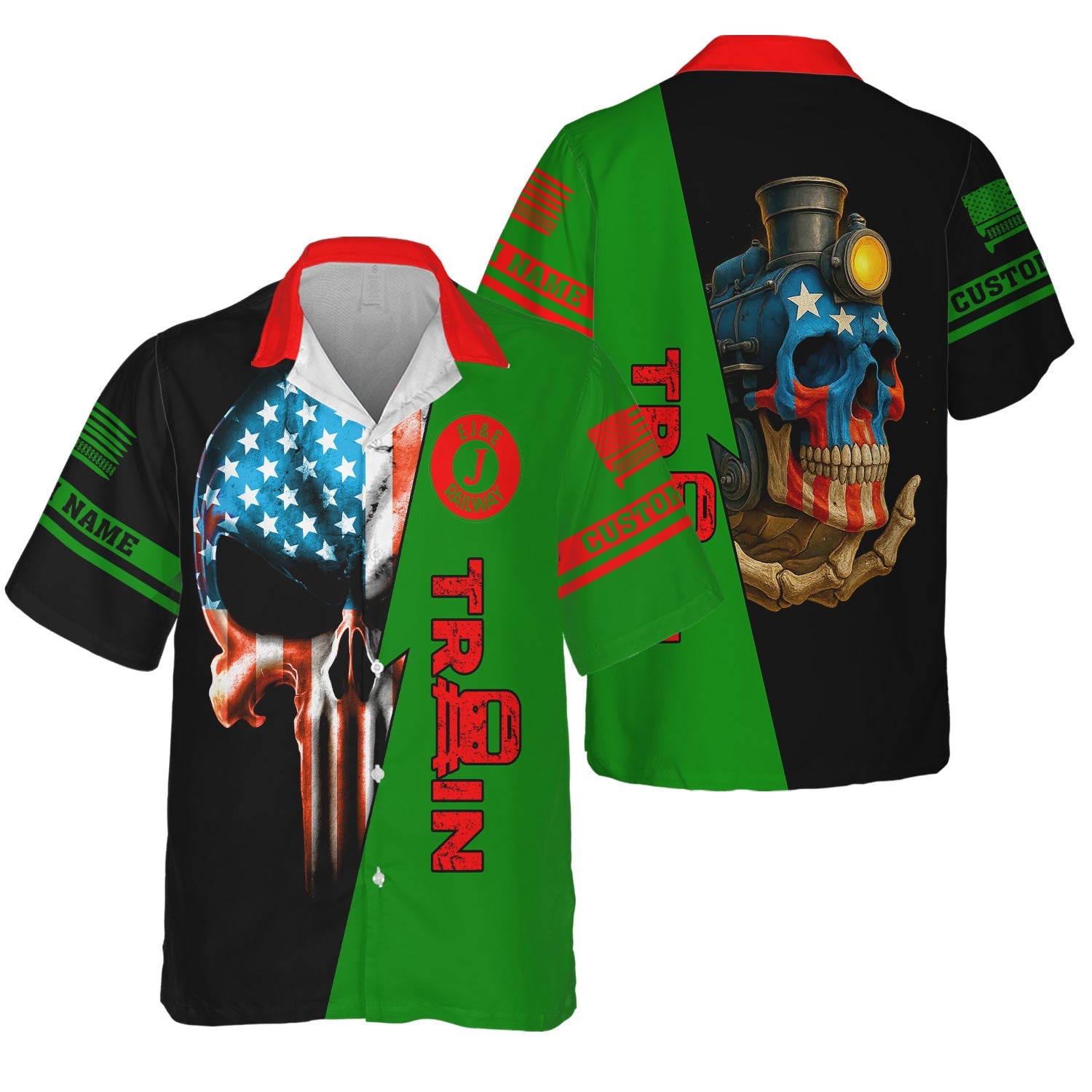 Railspirit Personalized Elgin Joliet And Eastern Railroad Hawaiian Shirt Train Skull American Flag Shirt All Over Print