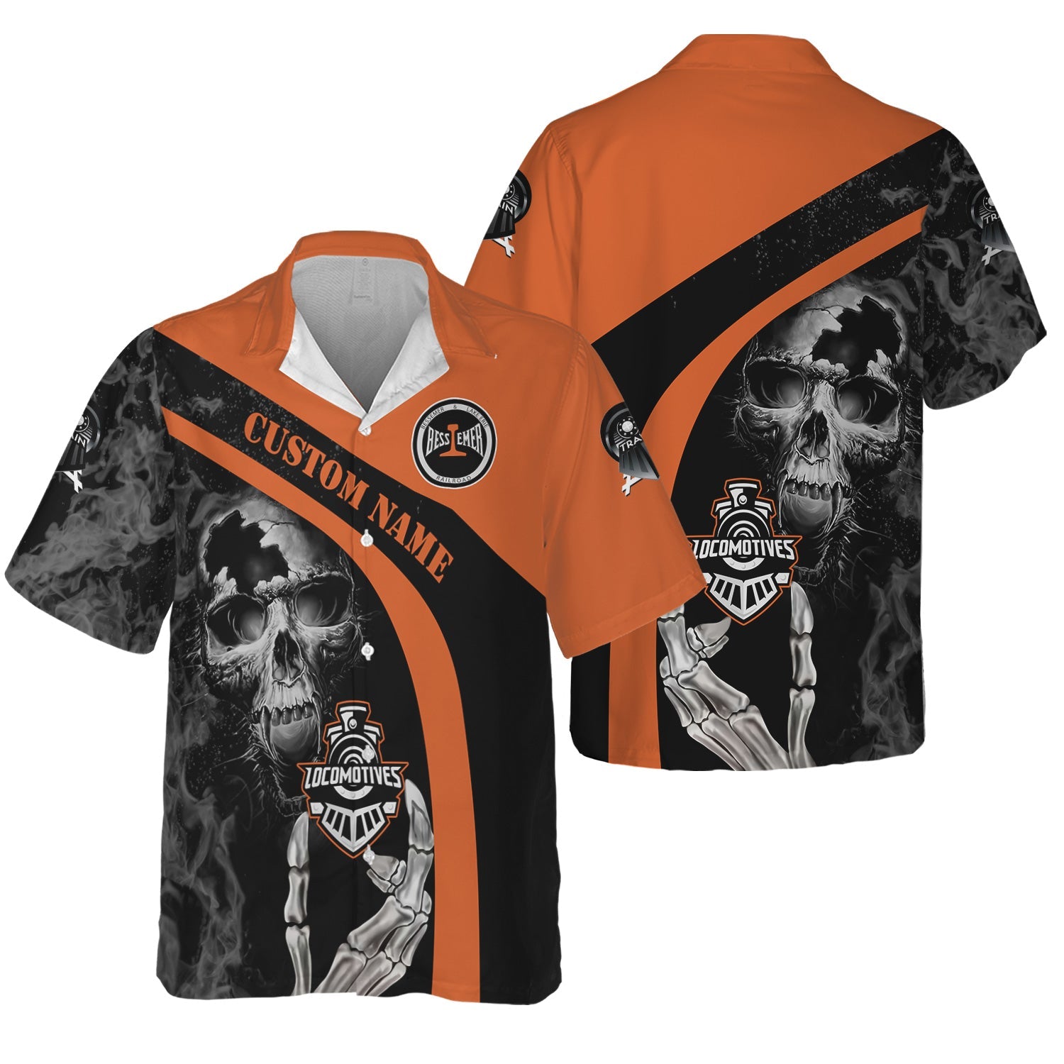 Railspirit Personalized Bessemer And Lake Erie Railroad Hawaiian Shirt Flame Skull Design Train Shirt for Locomotive Fans