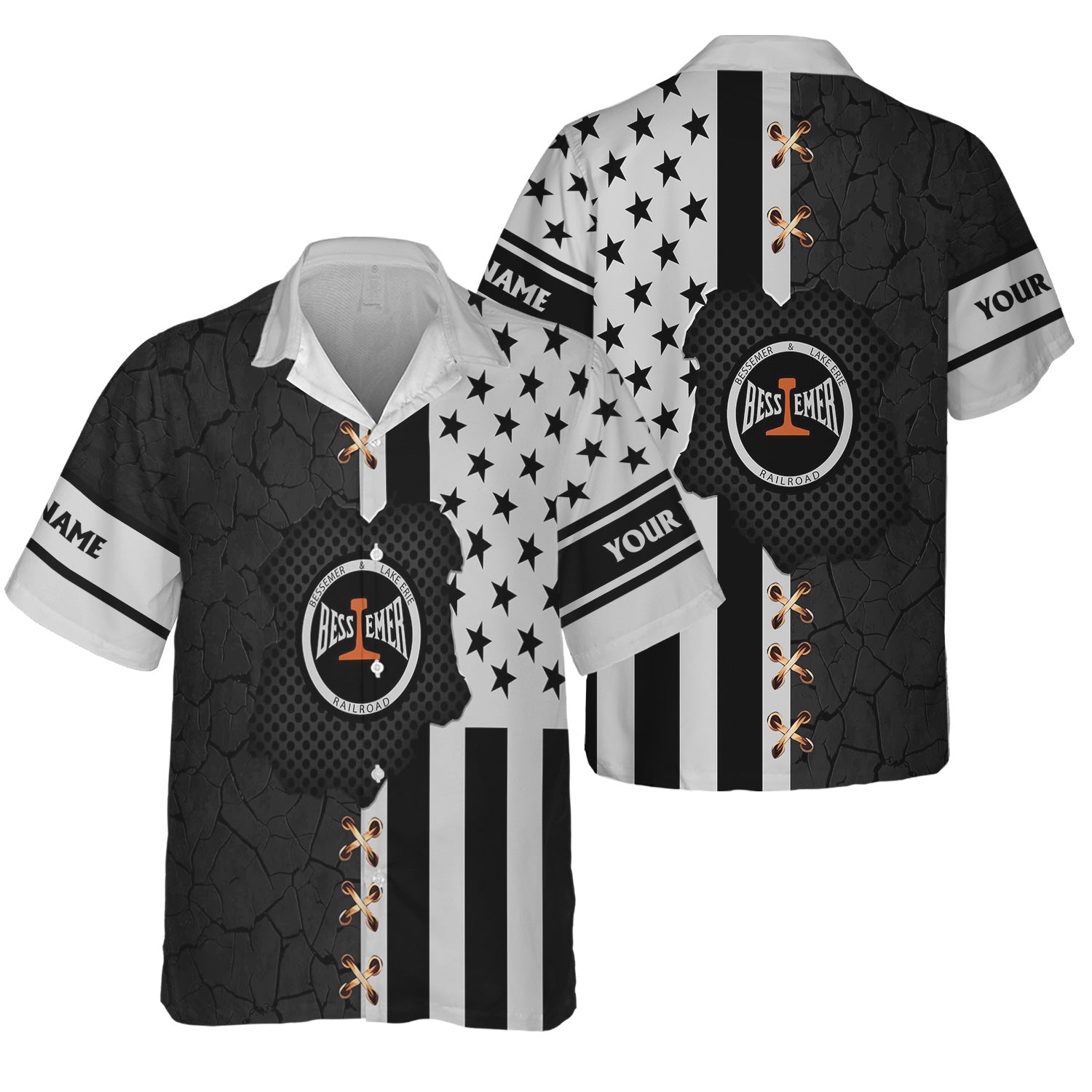 Railspirit Personalized Bessemer And Lake Erie Railroad Hawaiian Shirt American Flag with Crack Effect Train Shirt