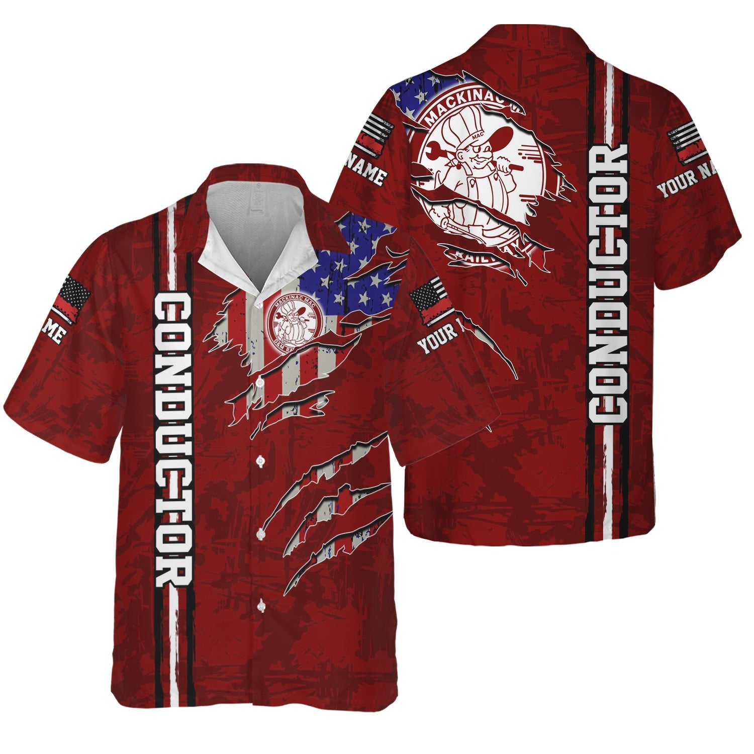 Railspirit Personalized Detroit & Mackinac Railroad Hawaiian Shirt USA Flag Claw Art with Custom Job Train Shirt