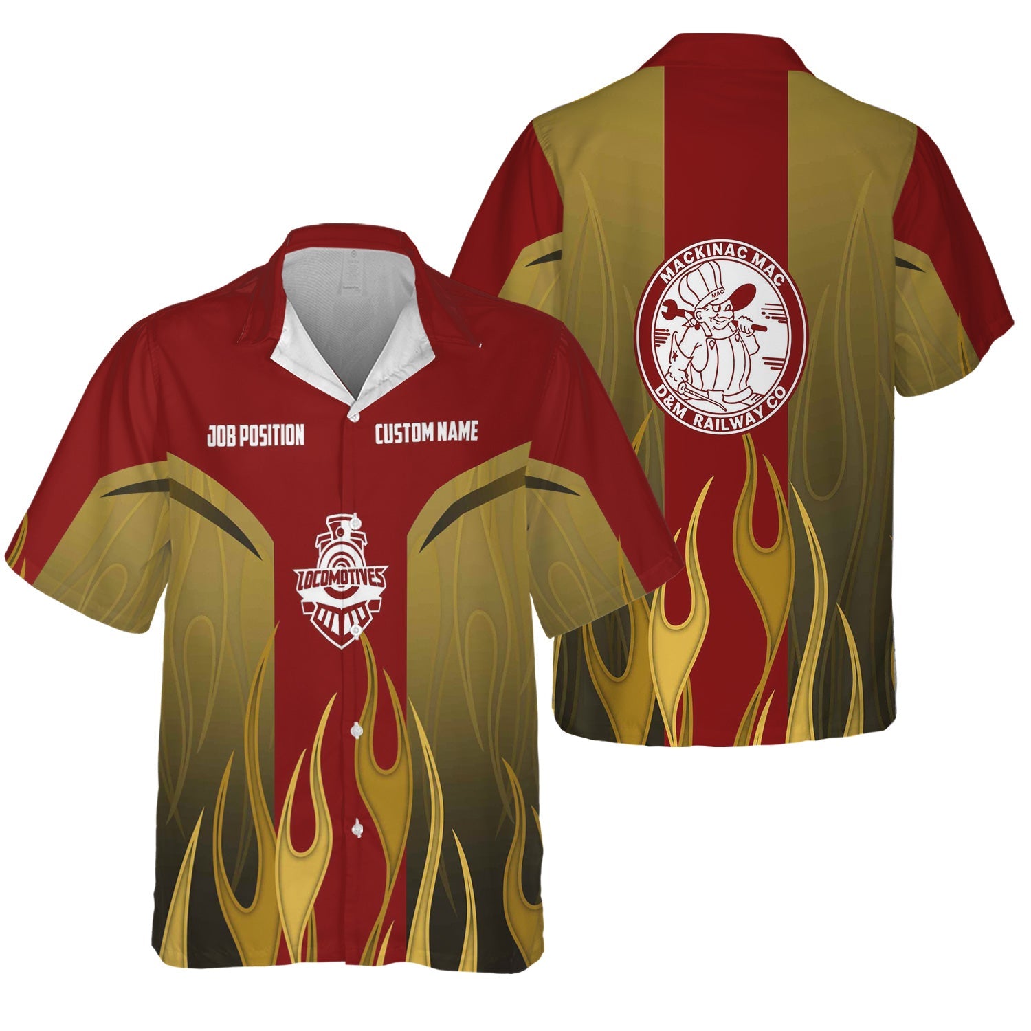 Railspirit Custom Name and Job Title Detroit & Mackinac Railroad Hawaiian Shirt Flame Graphic Train Shirt For Rail Workers
