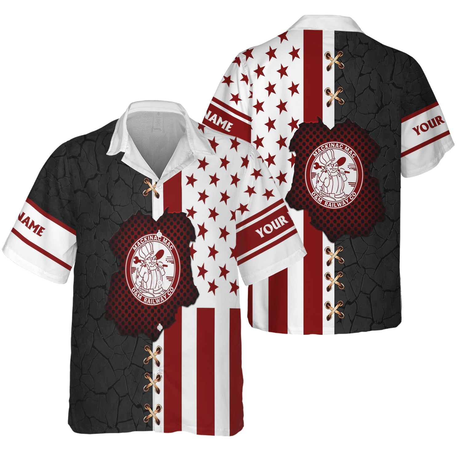 Railspirit Personalized Detroit & Mackinac Railroad Hawaiian Shirt American Flag with Crack Effect Train Shirt