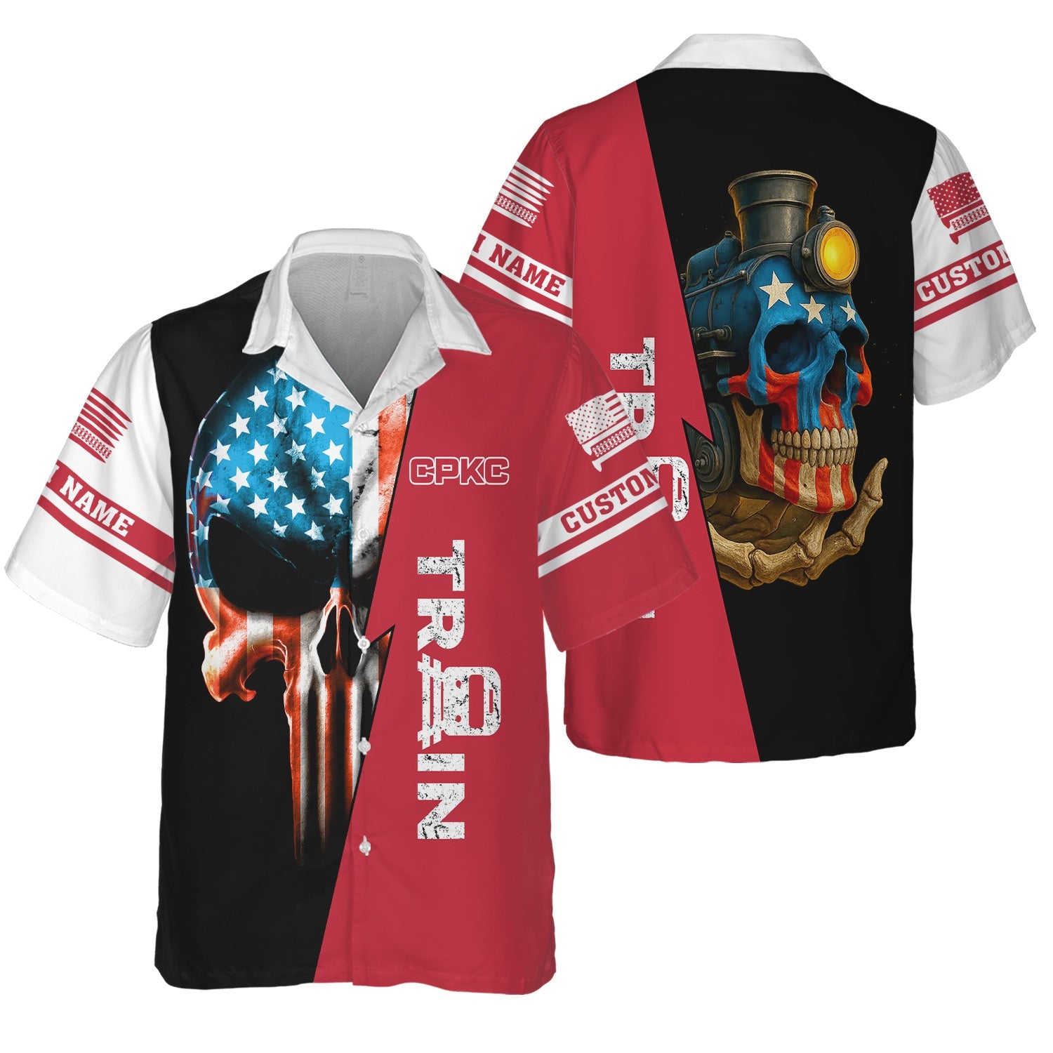Railspirit Personalized Canadian Pacific Kansas City Hawaiian Shirt Train Skull American Flag CPKC Shirt All Over Print