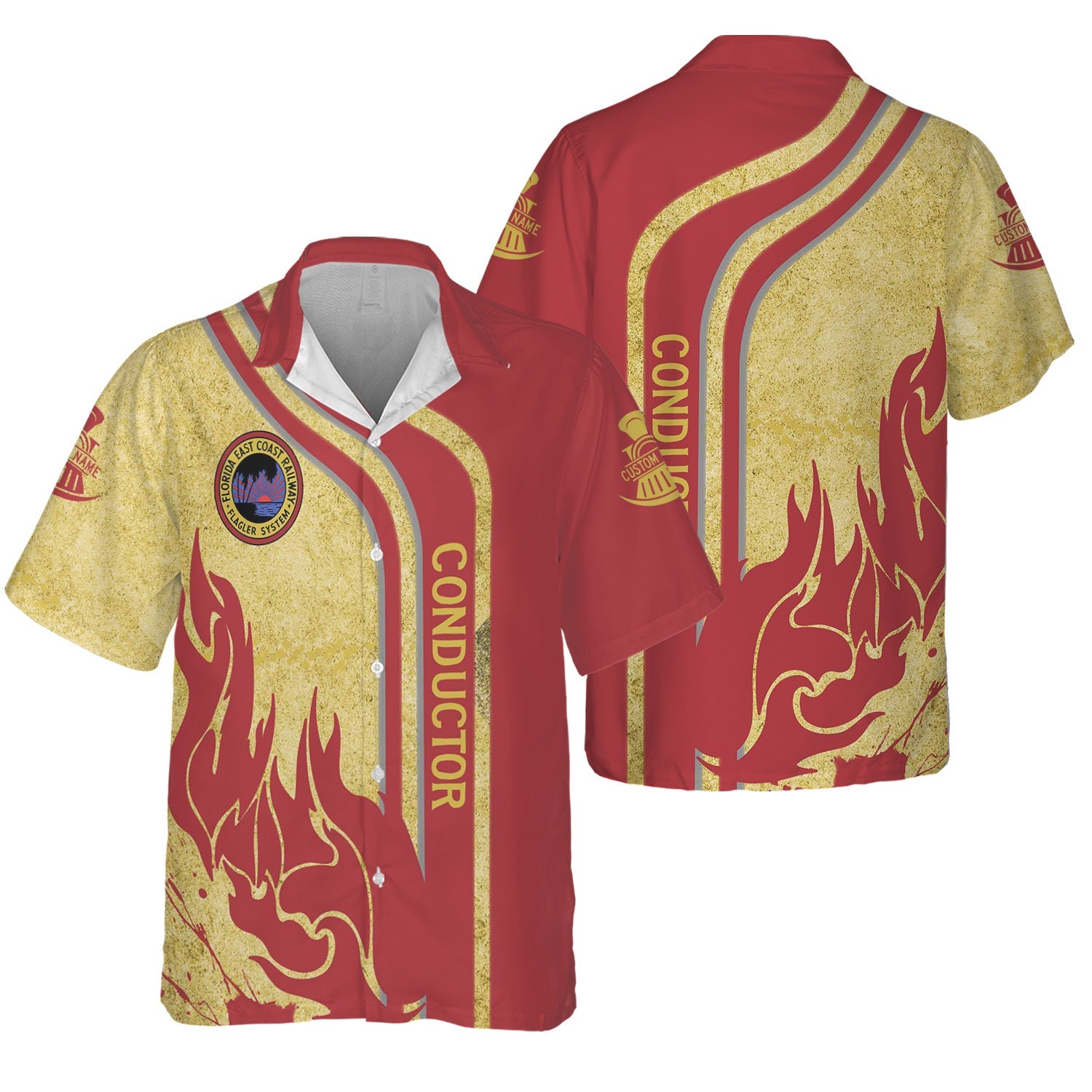 Railspirit Personalized Florida East Coast Railway Hawaiian Shirt Flame Design with Custom Job Position Train Shirt