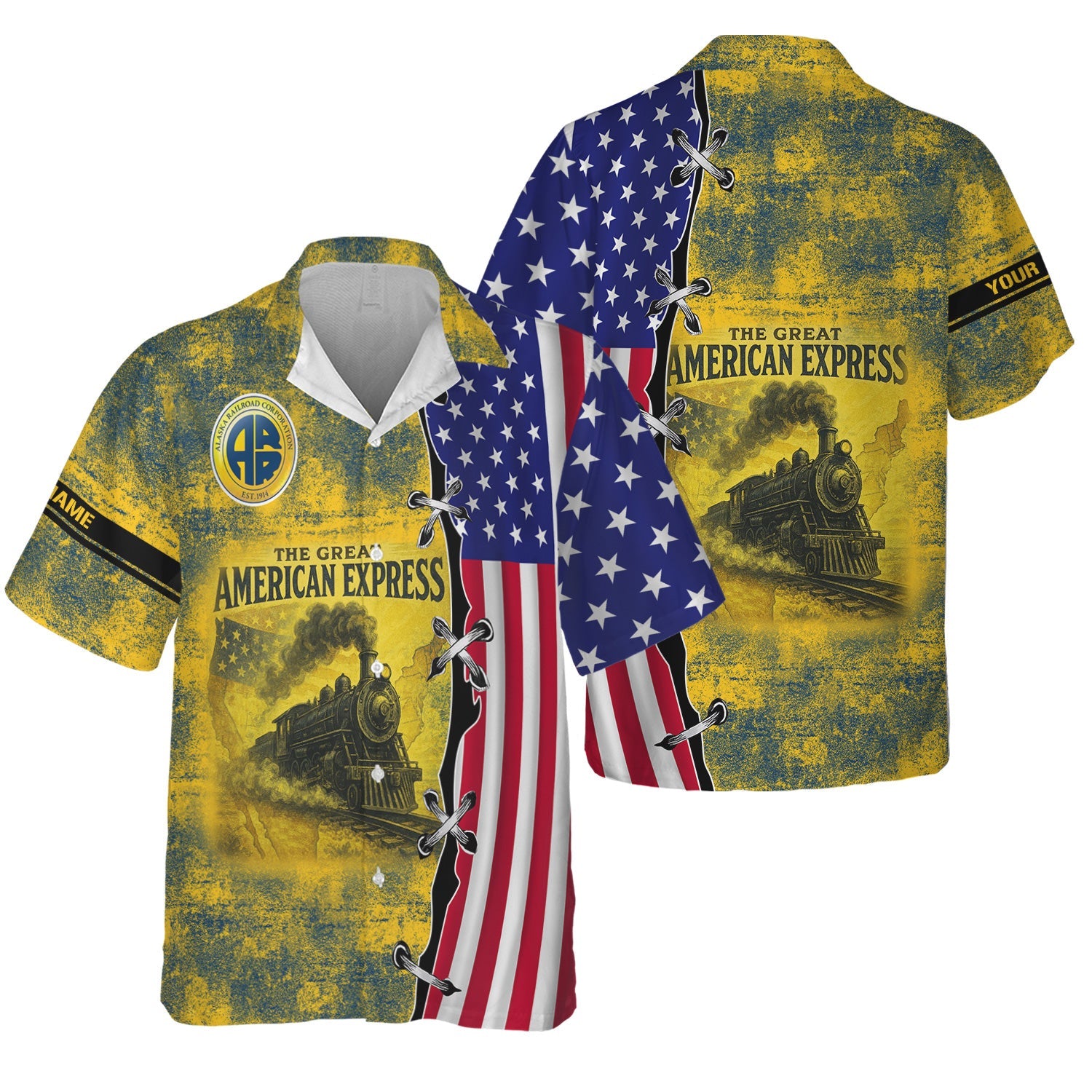 Railspirit Personalized Alaska Railroad Hawaiian Shirt Retro American Express Train With USA Flag Shirt