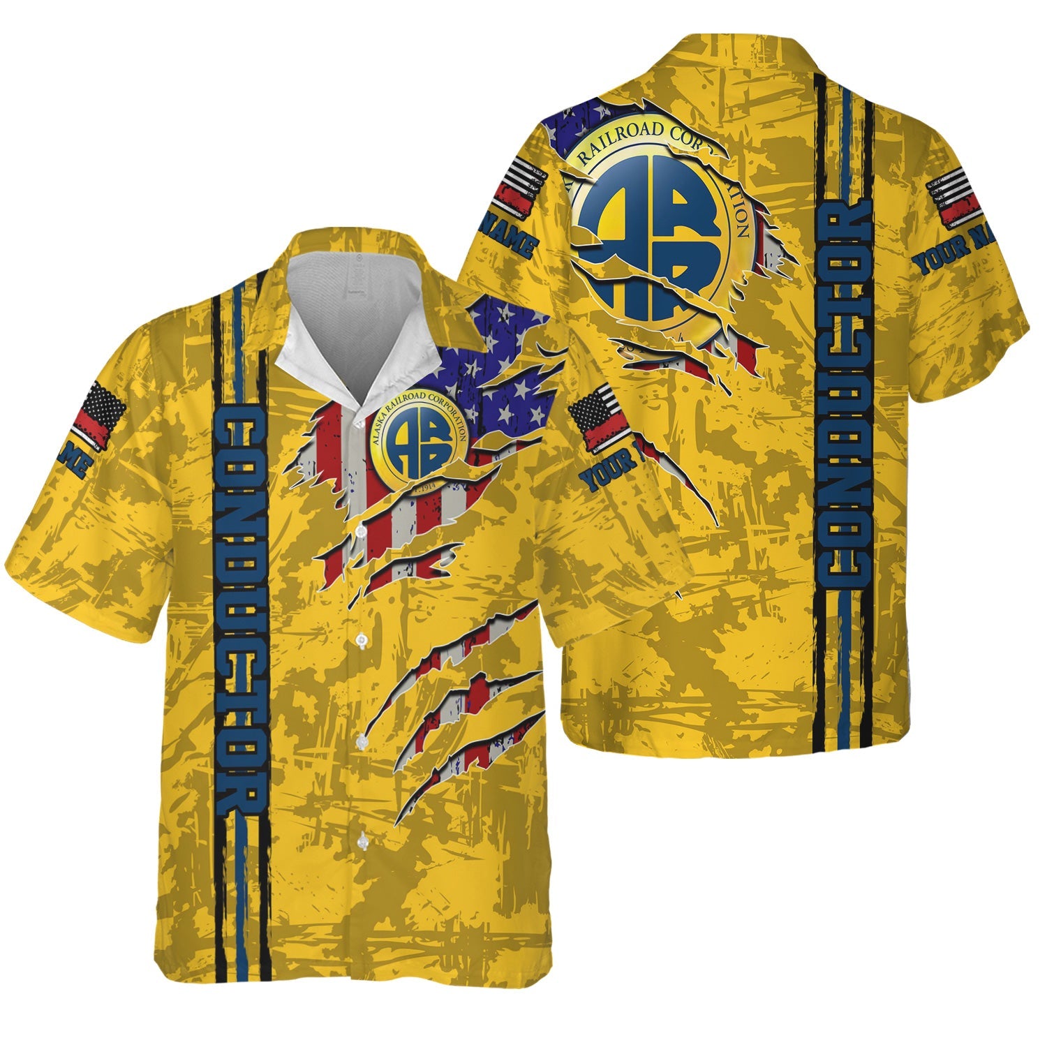 Railspirit Personalized Alaska Railroad Hawaiian Shirt USA Flag Claw Art with Custom Job Train Shirt