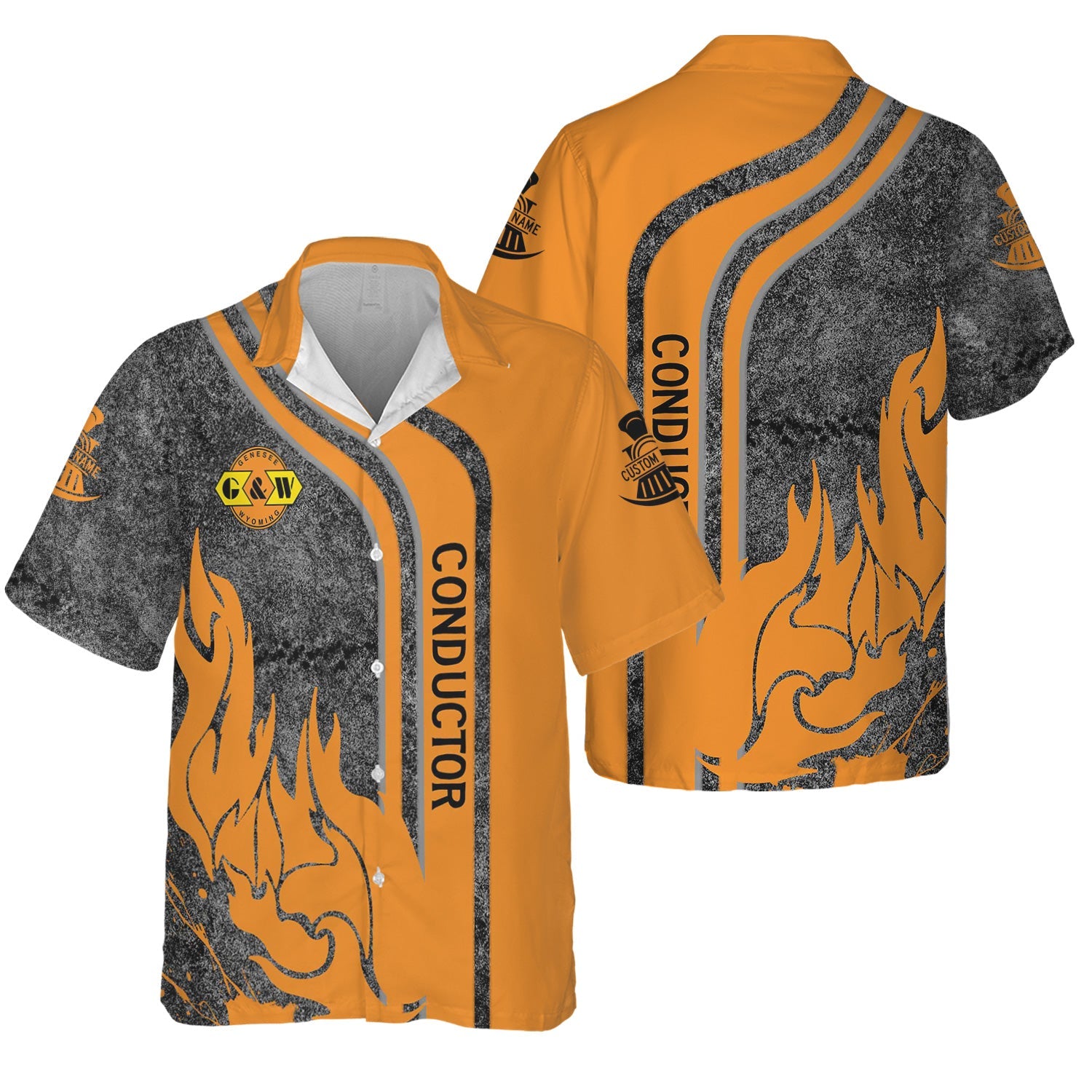 Railspirit Personalized Genesee & Wyoming Inc. Railroad Hawaiian Shirt Flame Design with Custom Job Position Train Shirt