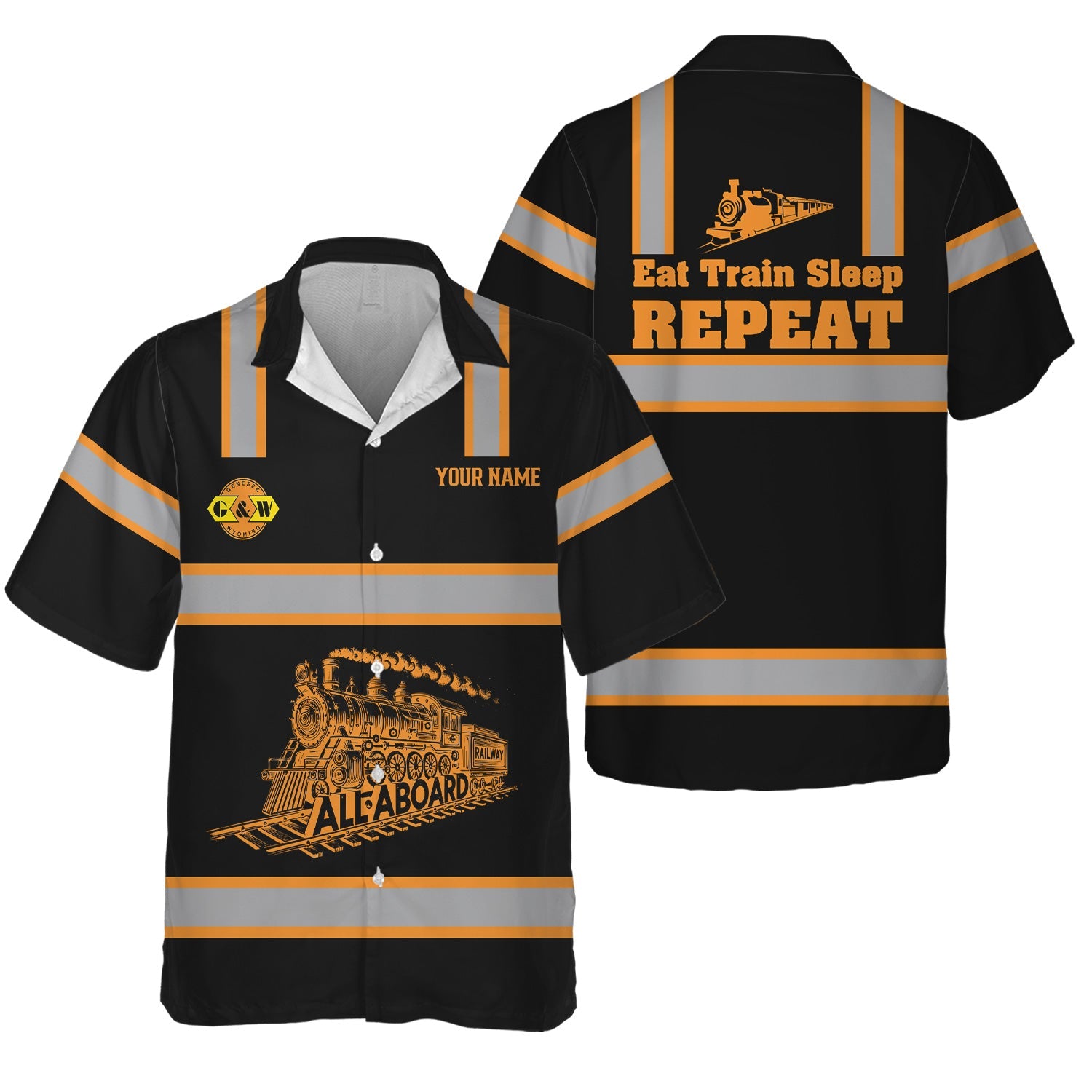 Railspirit Custom Name Genesee & Wyoming Inc. Railroad Hawaiian Shirt Eat Train Sleep Repeat Printed Train Shirt