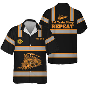 Railspirit Custom Name Genesee & Wyoming Inc. Railroad Hawaiian Shirt Eat Train Sleep Repeat Printed Train Shirt