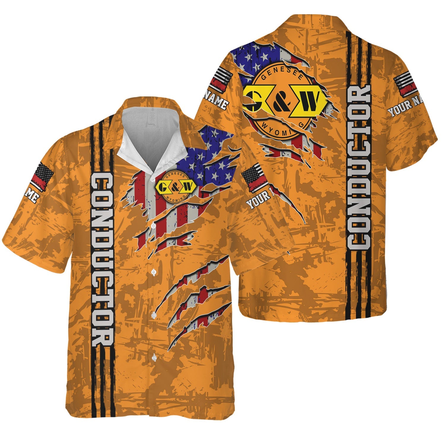 Railspirit Personalized Genesee & Wyoming Inc. Railroad Hawaiian Shirt USA Flag Claw Art with Custom Job Train Shirt