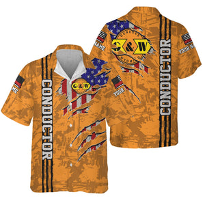 Railspirit Personalized Genesee & Wyoming Inc. Railroad Hawaiian Shirt USA Flag Claw Art with Custom Job Train Shirt