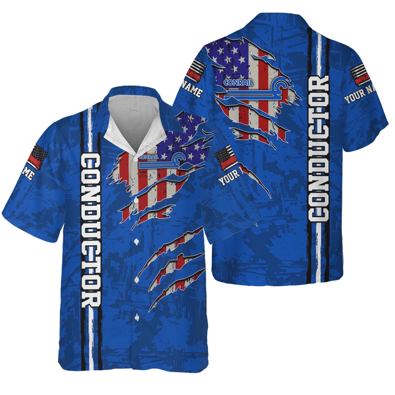 Railspirit Personalized Conrail Railroad Hawaiian Shirt USA Flag Claw Art with Custom Job Train Shirt