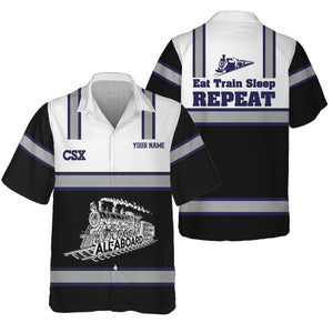 Railspirit Custom Name CSX Transportation Railroad Hawaiian Shirt Eat Train Sleep Repeat Printed Train Shirt