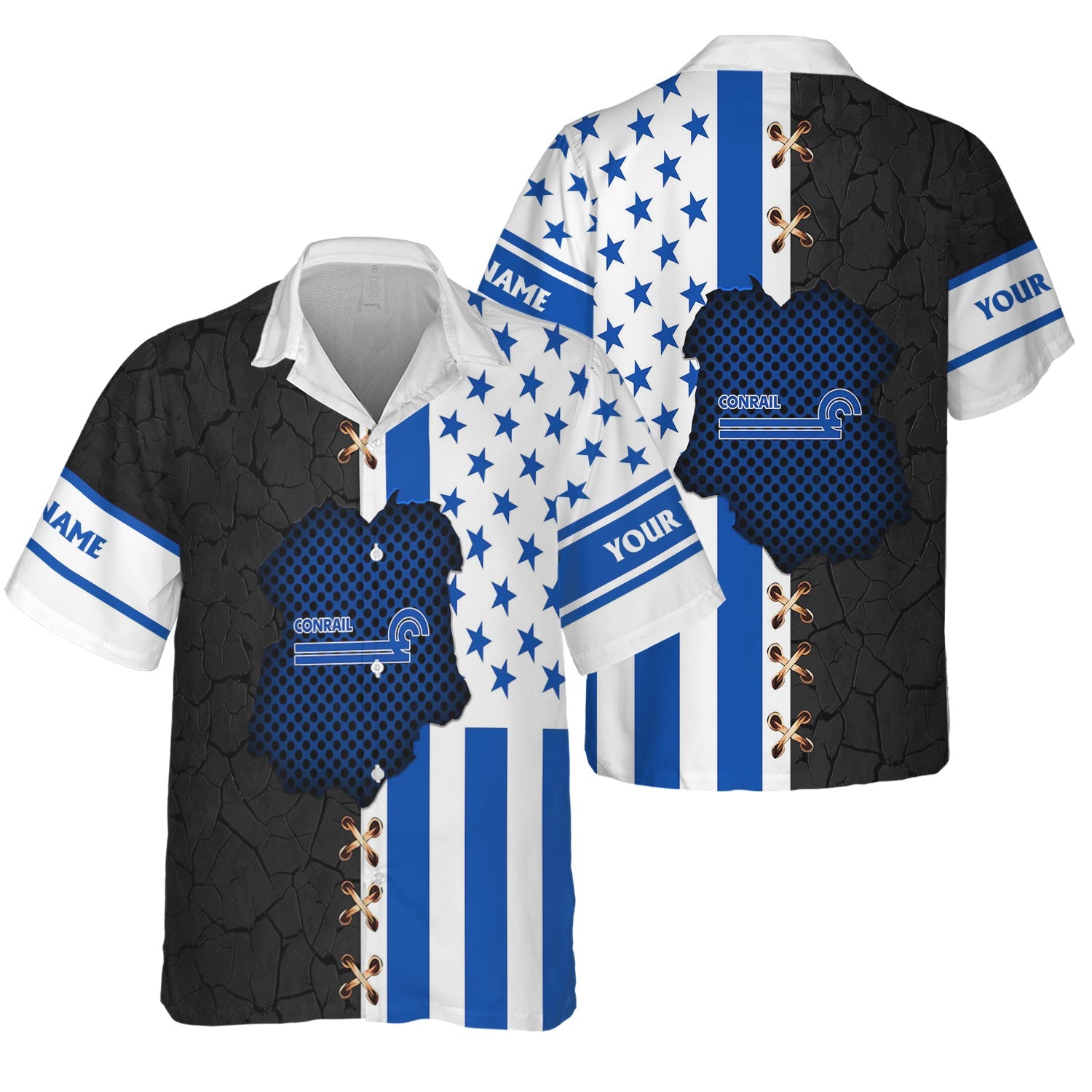 Railspirit Personalized Conrail Railroad Hawaiian Shirt American Flag with Crack Effect Train Shirt