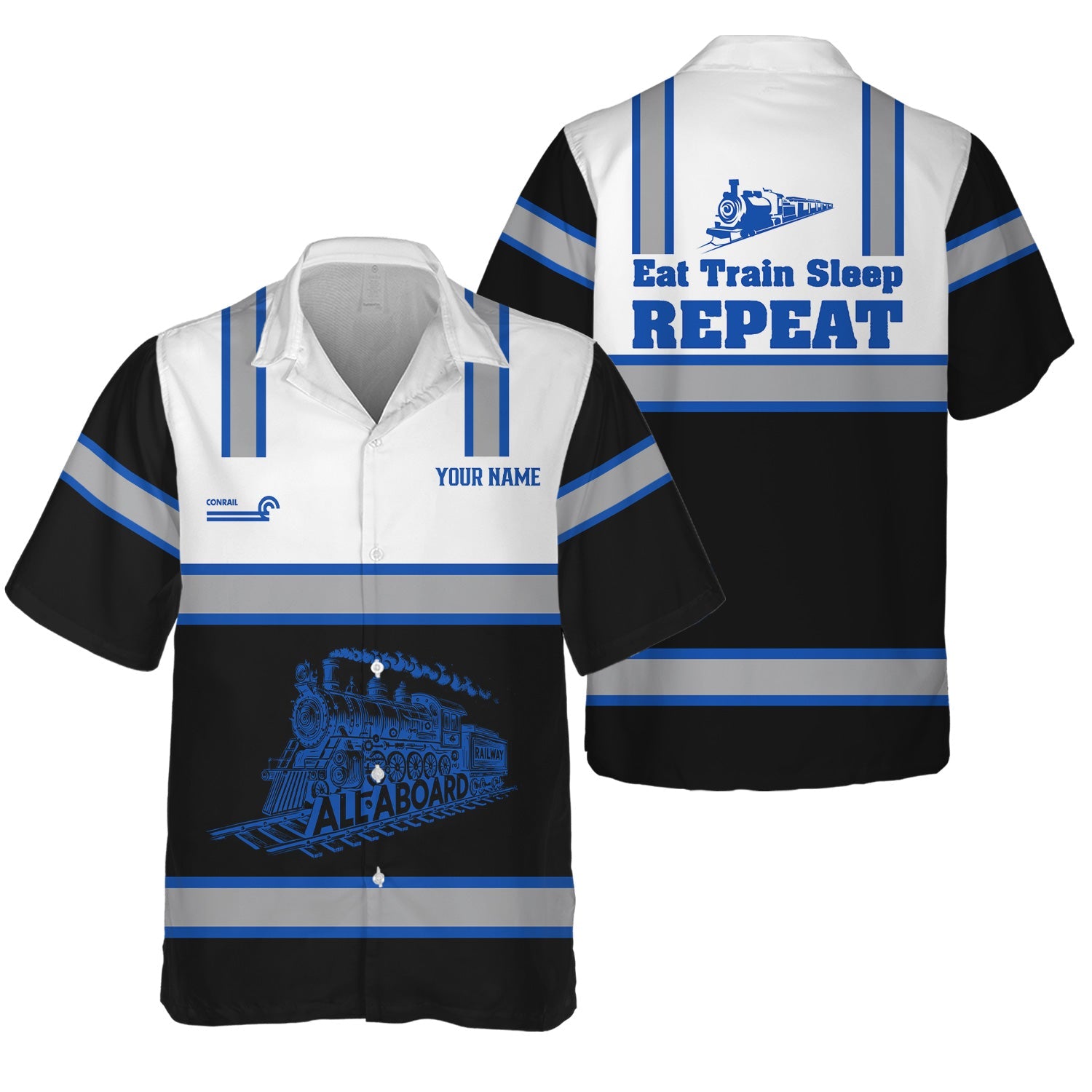Railspirit Custom Name Conrail Railroad Hawaiian Shirt Eat Train Sleep Repeat Printed Train Shirt