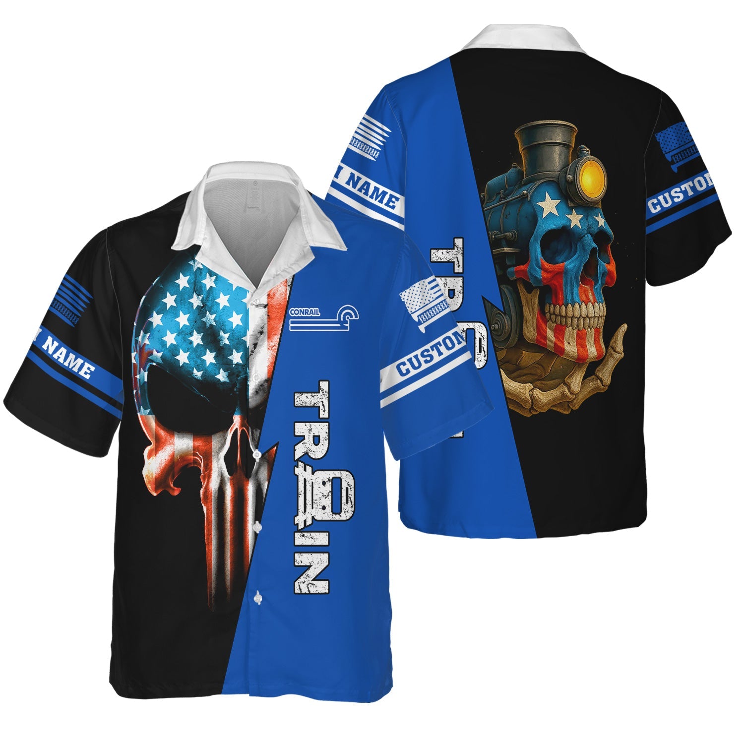 Railspirit Personalized Conrail Railroad Hawaiian Shirt Train Skull American Flag Shirt All Over Print