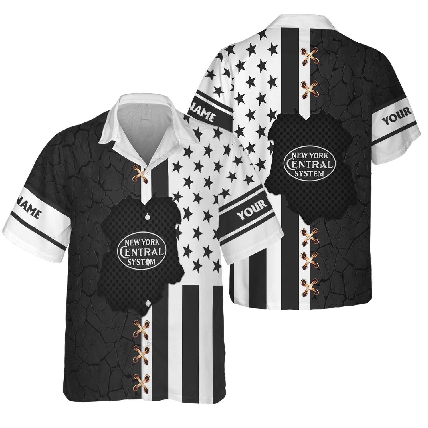 Railspirit Personalized New York Central Railroad Hawaiian Shirt American Flag with Crack Effect Train Shirt