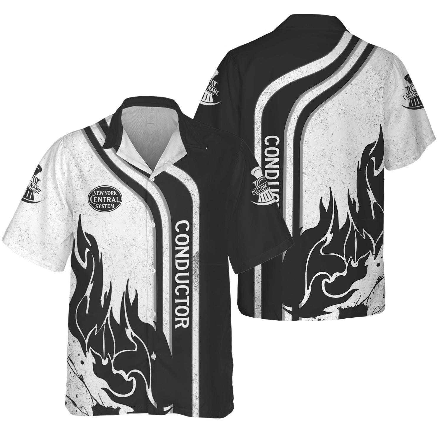 Railspirit Personalized New York Central Railroad Hawaiian Shirt Flame Design with Custom Job Position Train Shirt