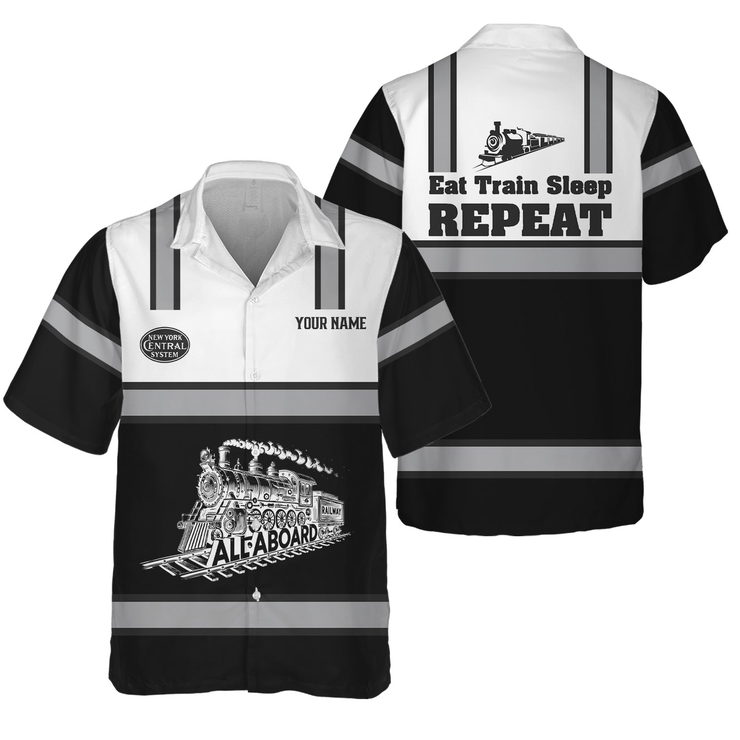 Railspirit Custom Name New York Central Railroad Hawaiian Shirt Eat Train Sleep Repeat Printed Train Shirt