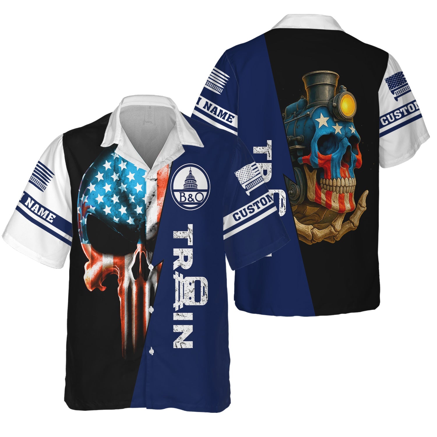 Railspirit Personalized Baltimore and Ohio Railroad Hawaiian Shirt Train Skull American Flag B&O Shirt All Over Print
