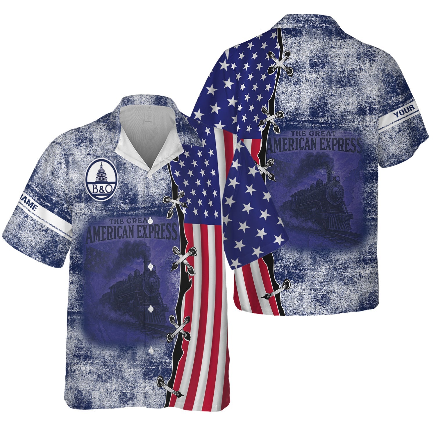 Railspirit Personalized Baltimore and Ohio Railroad Hawaiian Shirt Retro American Express Train With USA Flag B&O Shirt
